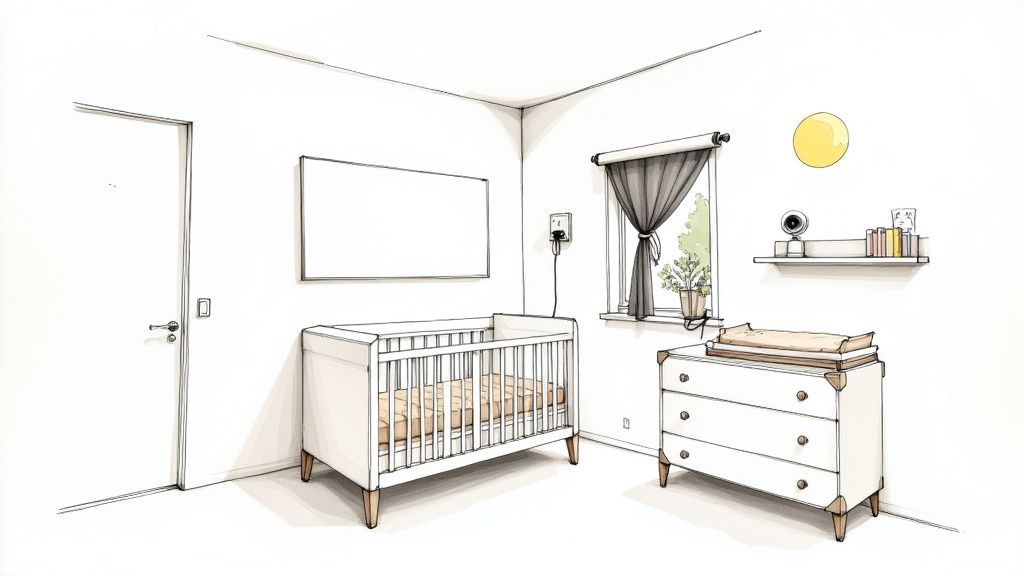 A serene, well-organized baby nursery with a crib and changing table.