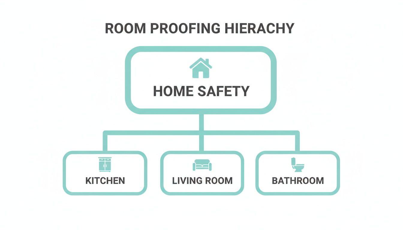 A room proofing hierarchy diagram showing home safety at the top, leading to kitchen, living room, and bathroom.