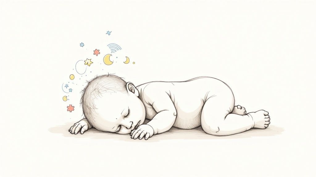 Baby sitting up and playing in a crib.