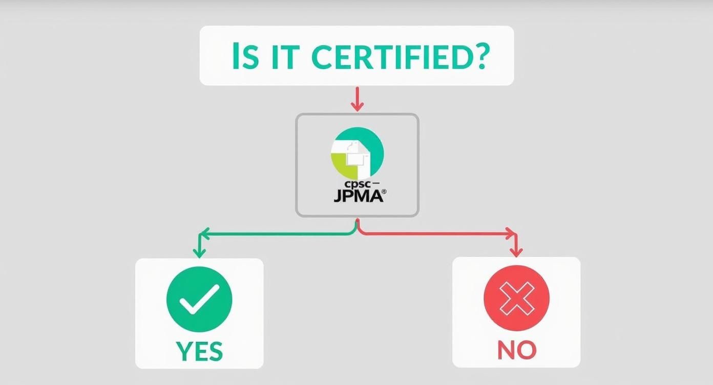 Flowchart showing a certification decision process for cpsc-JPMA, resulting in either a 'YES' or 'NO' outcome.