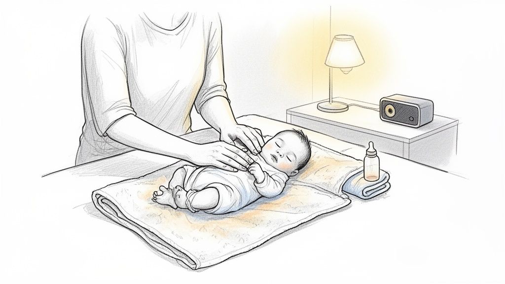 A parent's hands gently rest on a sleeping baby lying on a mat, beside a lamp and sound machine.