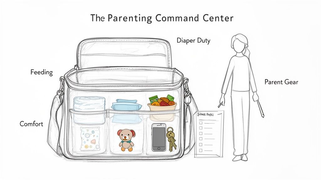 Detailed illustration of a well-organized diaper bag with categories for feeding, comfort, diaper duty items, and parent gear.