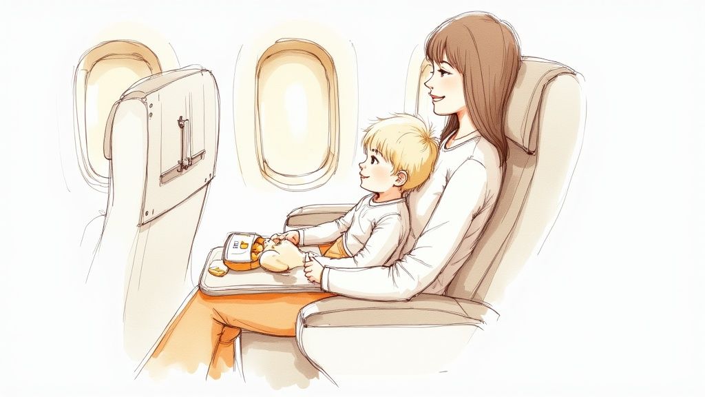 An illustration of a smiling mother and toddler on an airplane, sharing snacks from a tray table.