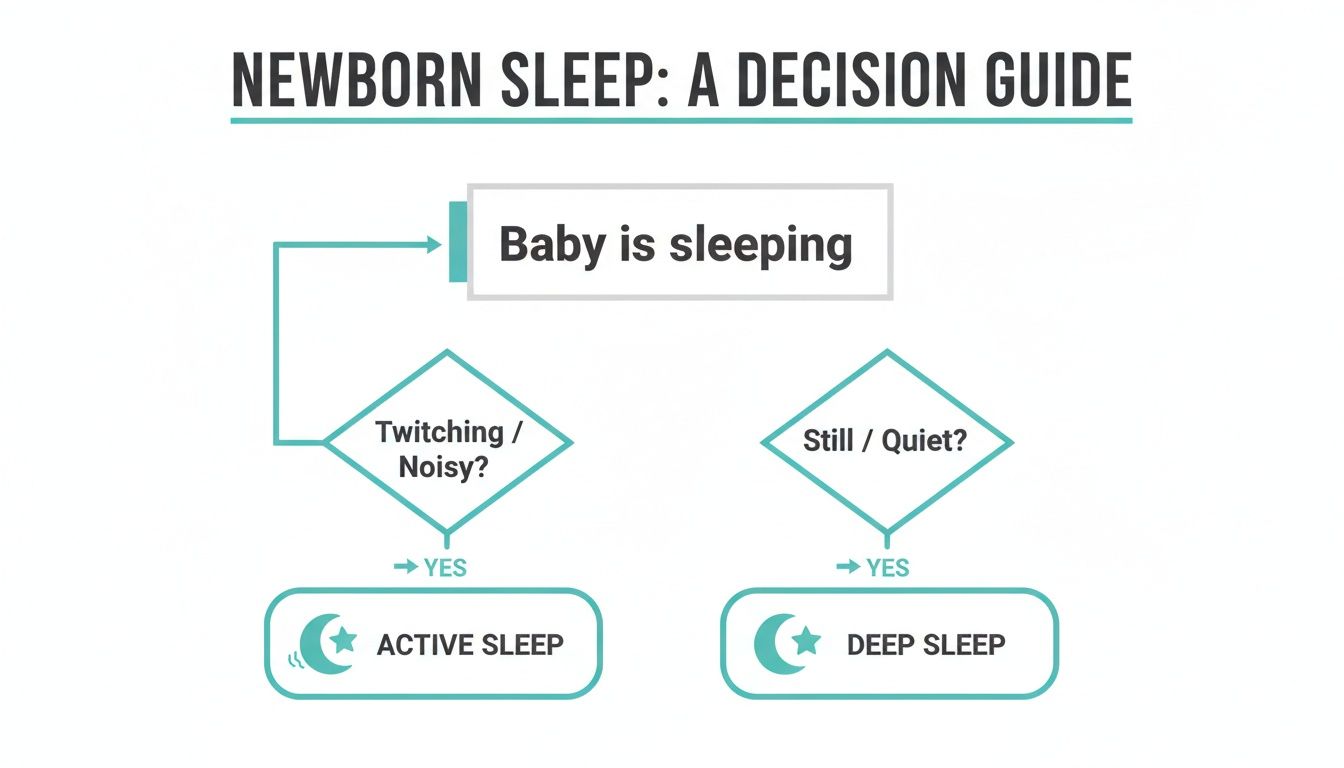 A flowchart guiding parents to distinguish between active and deep sleep in newborns based on movement and noise.