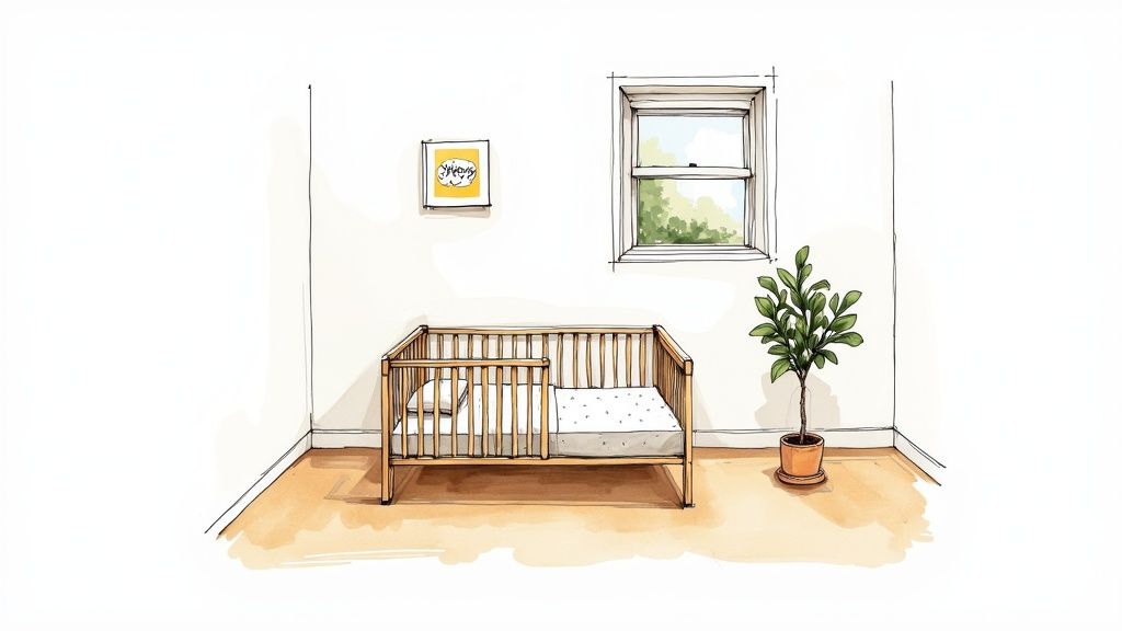 A serene nursery with a wooden crib and a neatly made bed, conveying a sense of safety and calm.