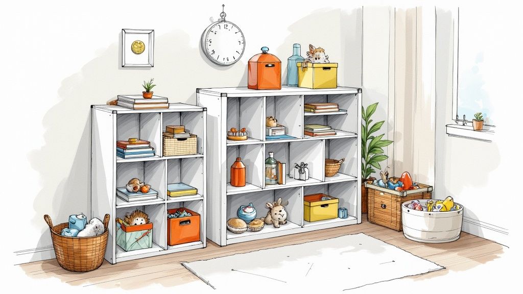 A well-organized nursery closet with double hanging rods and labeled storage bins on shelves.