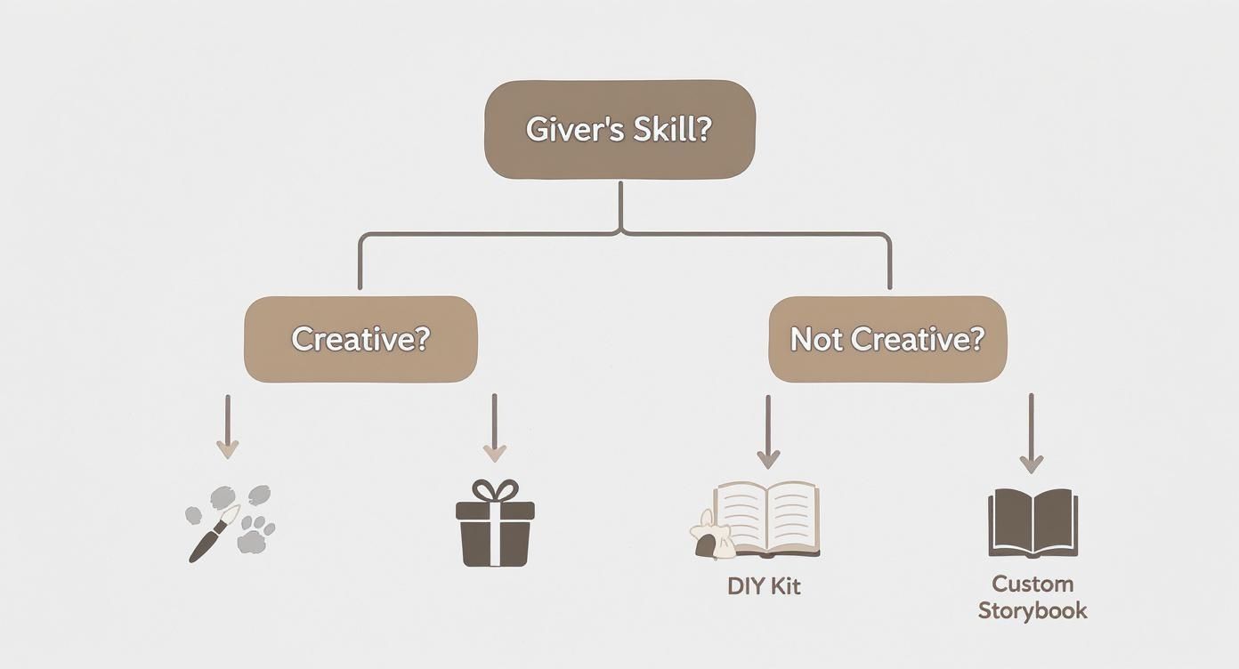 A flowchart guiding gift ideas based on the giver's creative skill, with options like DIY kits.