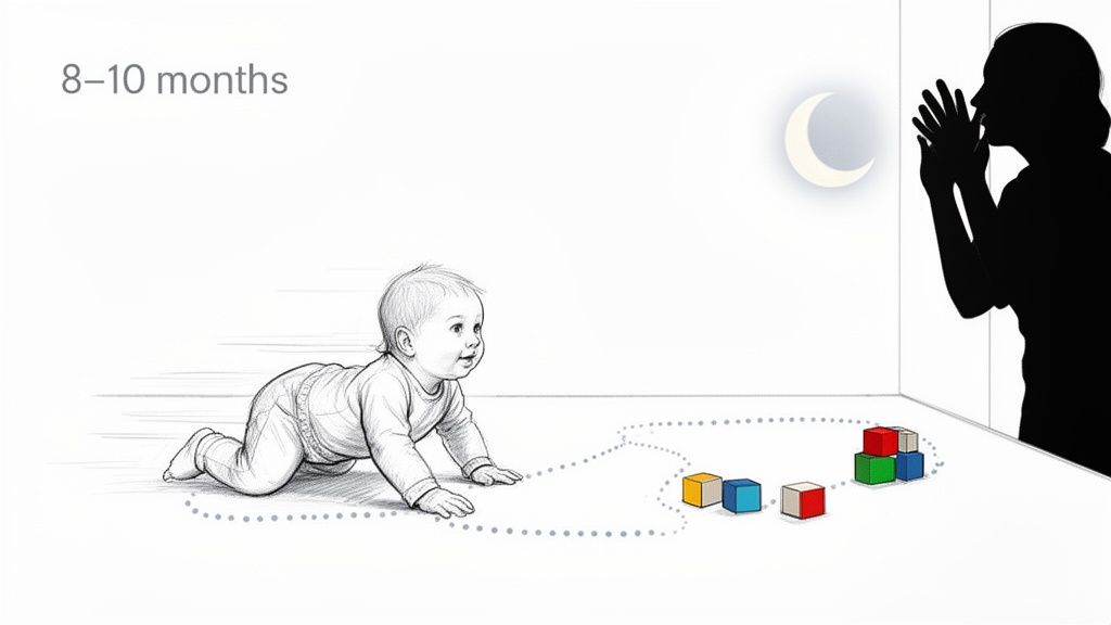 An 8-10 month old baby crawls towards building blocks while an adult whispers nearby.