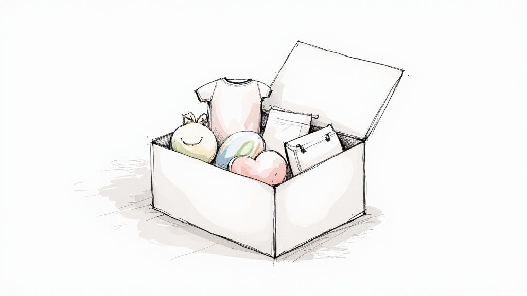 A watercolor sketch of an open gift box filled with baby items like a t-shirt, heart pillow, and toys.