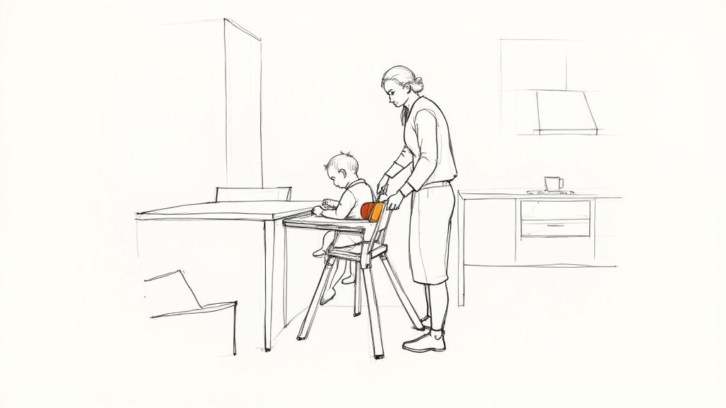 A woman feeds a baby sitting in a highchair in a simple line drawing of a kitchen.