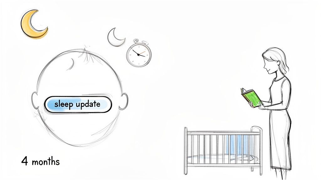 A sketch shows a baby's head, 'sleep update' button, moons, clock, and a mother reading by a crib.