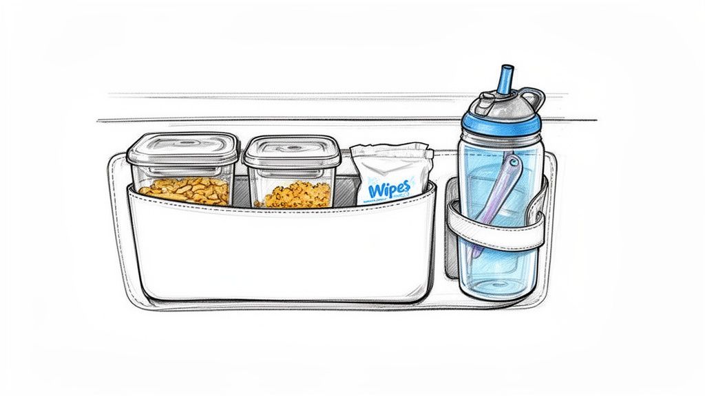Illustration of a car organizer filled with toddler snacks, wet wipes, and a water bottle.