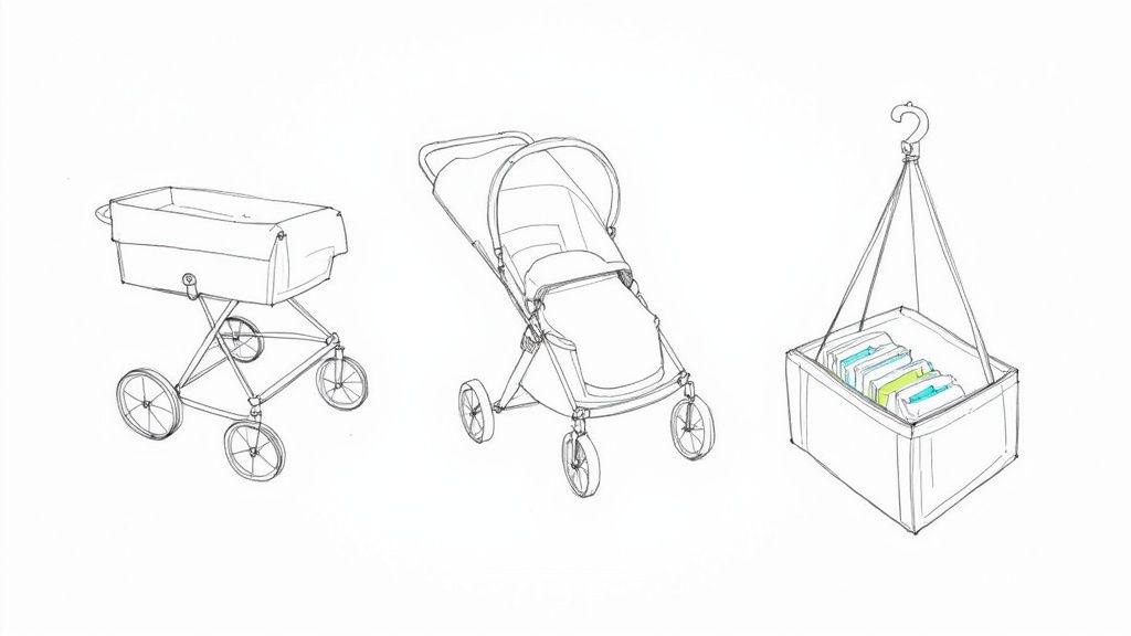 A parent pushing a modern stroller with a baby in it on a sunny day.