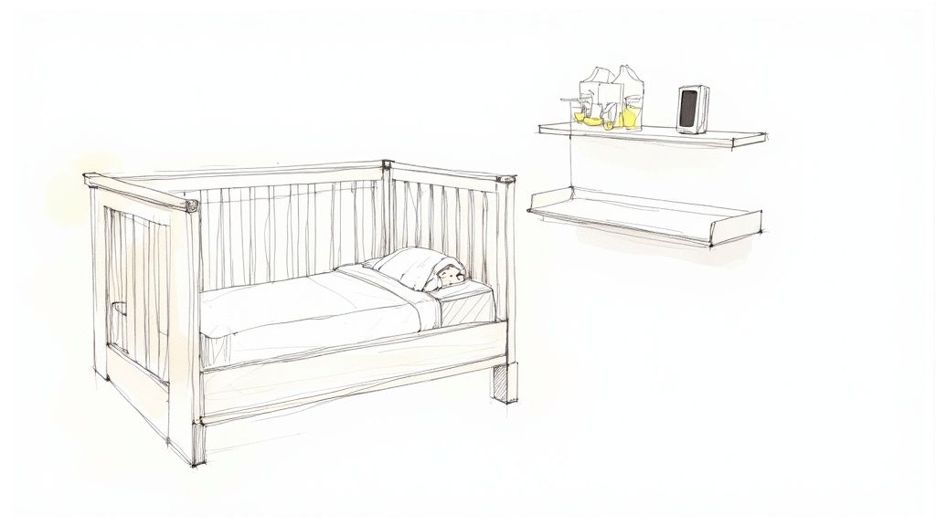 A safe and clean nursery with a crib and changing table.