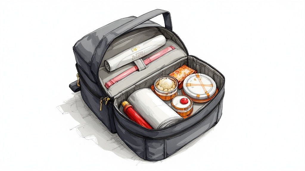 An open gray insulated lunch bag packed with various food containers, a rolled item, and a red bottle.