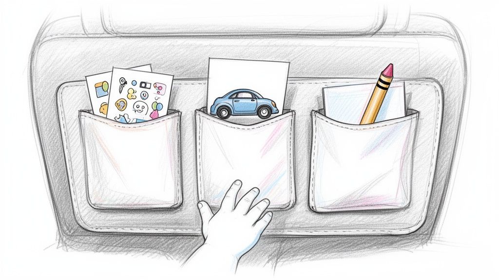 A child's hand reaches for a toy car in a car seat organizer filled with activities.