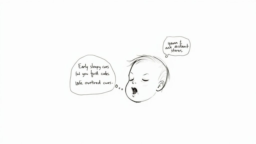 A baby yawning, showing a sleepy cue.