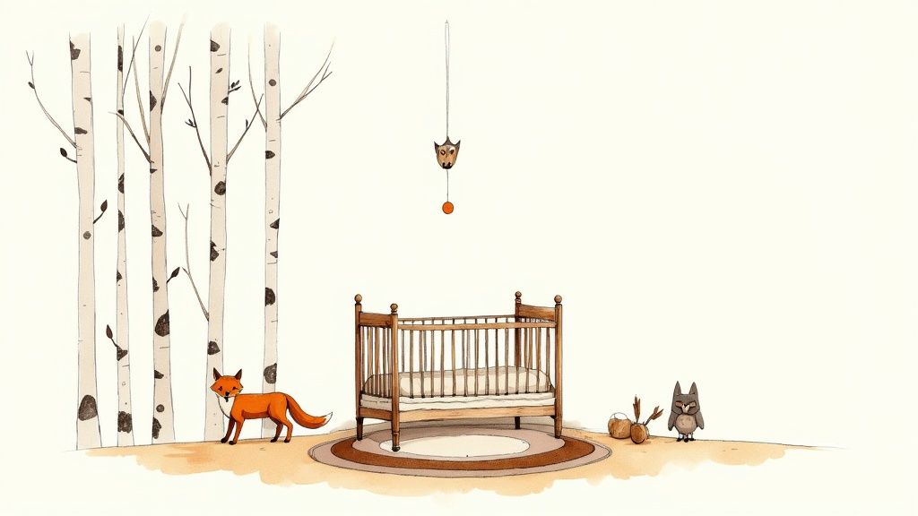 A charming watercolor illustration of a nursery with a wooden crib, a red fox, and birch trees.