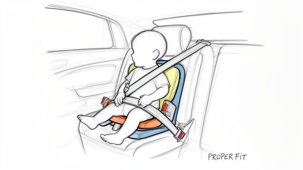 Illustration of a toddler correctly secured in a car booster seat, demonstrating proper seatbelt fit.