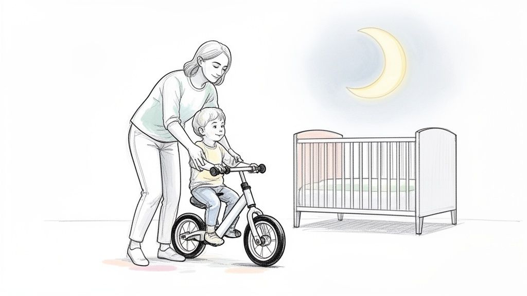 A mother gently guides her young child learning to ride a balance bike indoors, with a crib and moon.