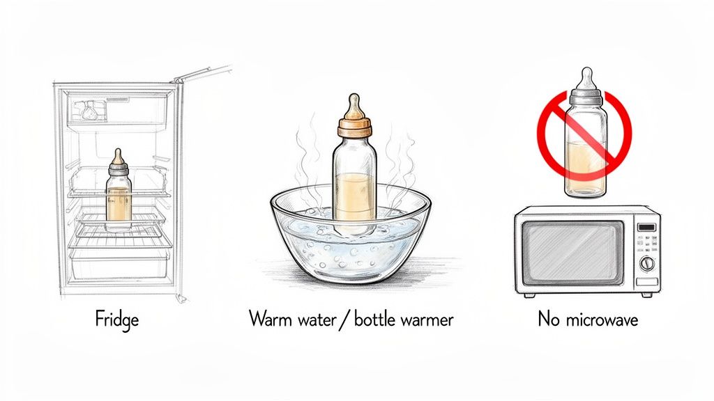 Illustrations demonstrating safe storage and warming methods for baby bottles: fridge, warm water bath, and no microwave.
