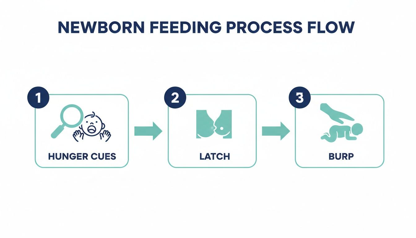 A three-step process flow illustrating newborn feeding: 1. Hunger Cues, 2. Latch, 3. Burp.