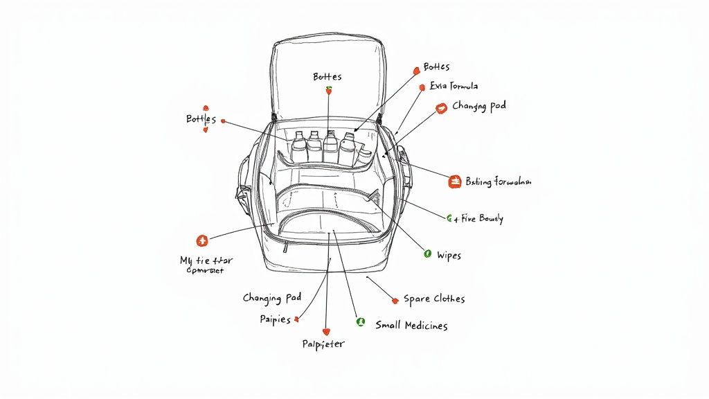 Mom organizing a diaper bag with baby items on a bed