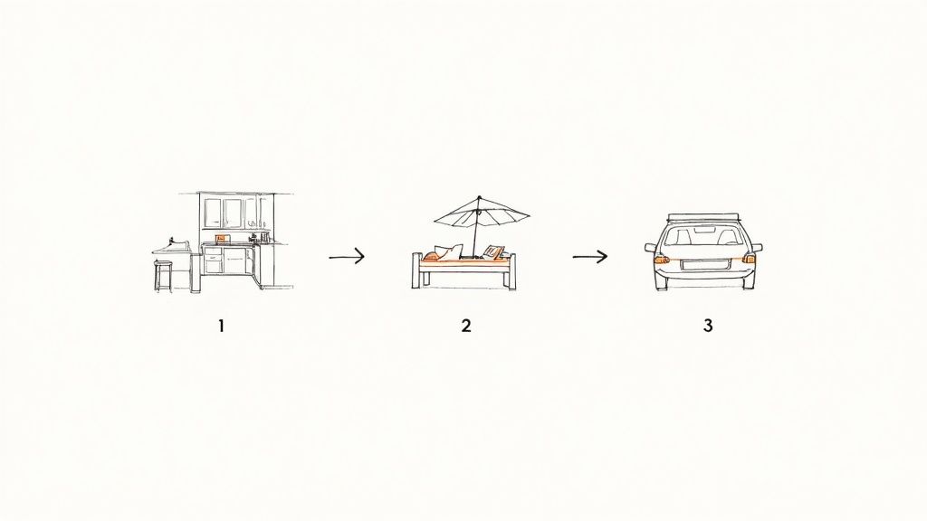A sequence of three sketches showing a kitchen counter, an outdoor lounge with an umbrella, and a car.