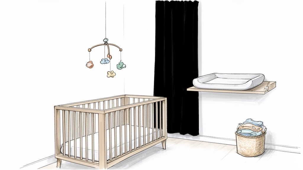 A minimalist baby nursery with a wooden crib, hanging mobile, wall-mounted changing station, and a laundry basket.