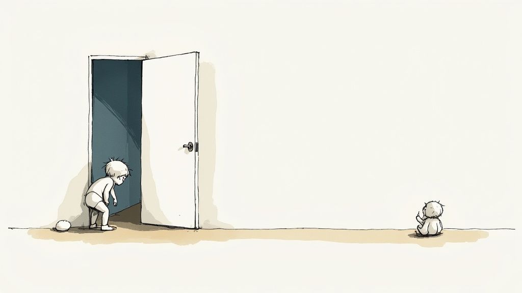Watercolor illustration of a baby peeking into a dark open door while another baby sits nearby.