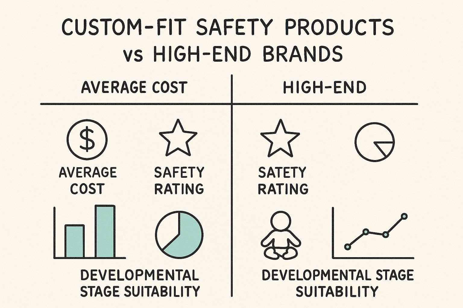 Infographic comparing custom-fit safety products vs. high-end brands on cost, safety rating, and suitability for different developmental stages.