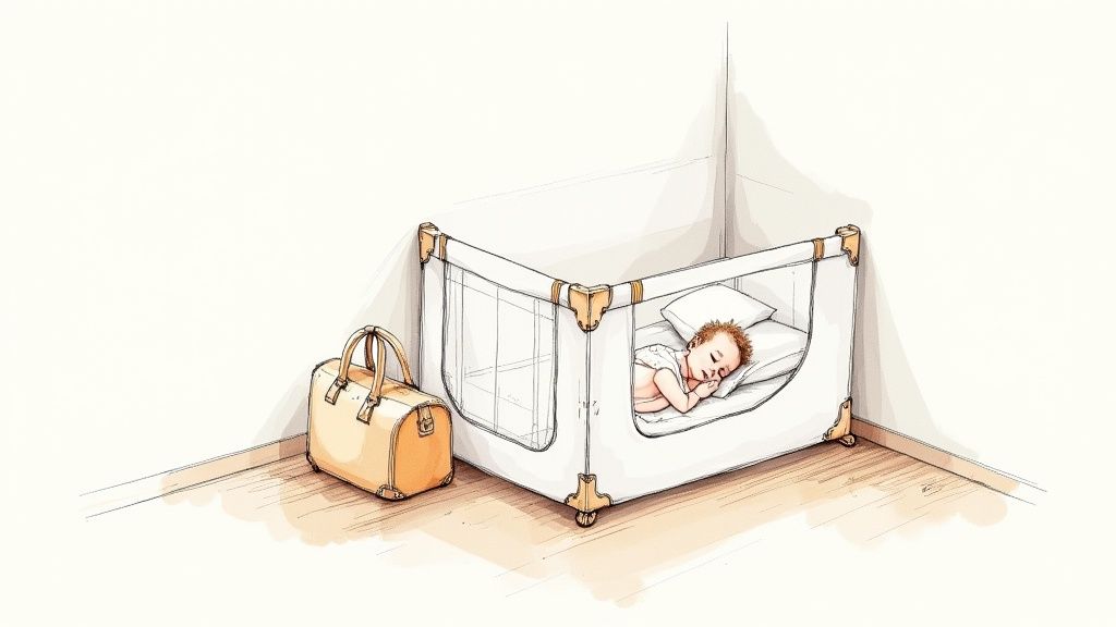 A baby sleeping soundly in a pack and play with a soft toy nearby.