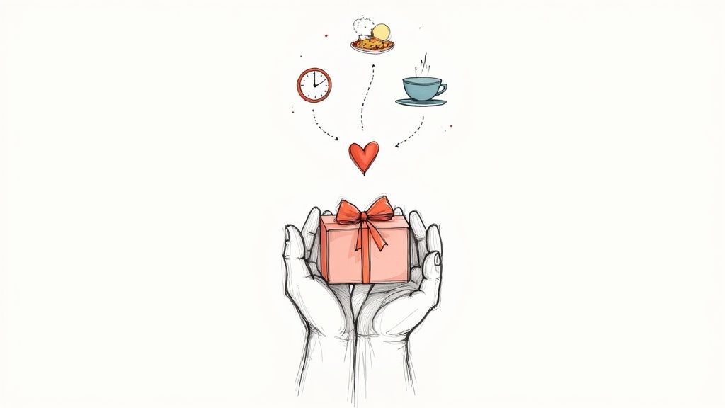 Hands holding a gift box, with icons of time, coffee, and food pointing to a heart, symbolizing thoughtful giving.