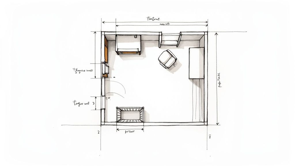 Top-down hand-drawn sketch of a nursery room layout with a crib, dresser, chair, and measurements.
