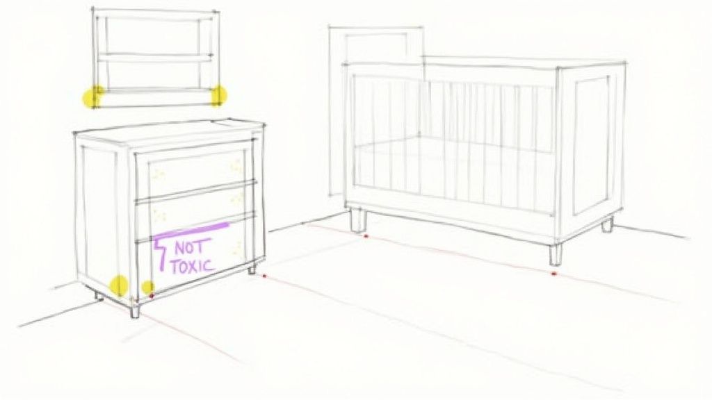 Modern nursery furniture sketch showing non-toxic baby crib, changing table, and storage shelf with safety features