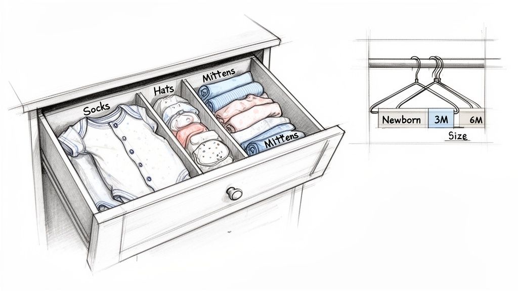 A neatly organized dresser drawer showing sections for baby socks, hats, and mittens, with clothes hangers for sizing.