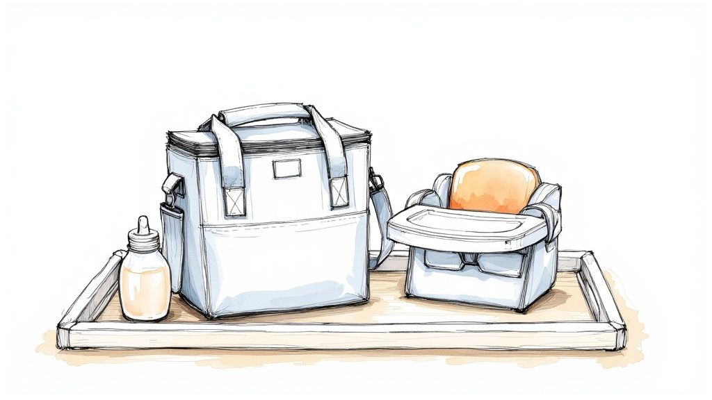 A parent feeding their baby solid food while traveling