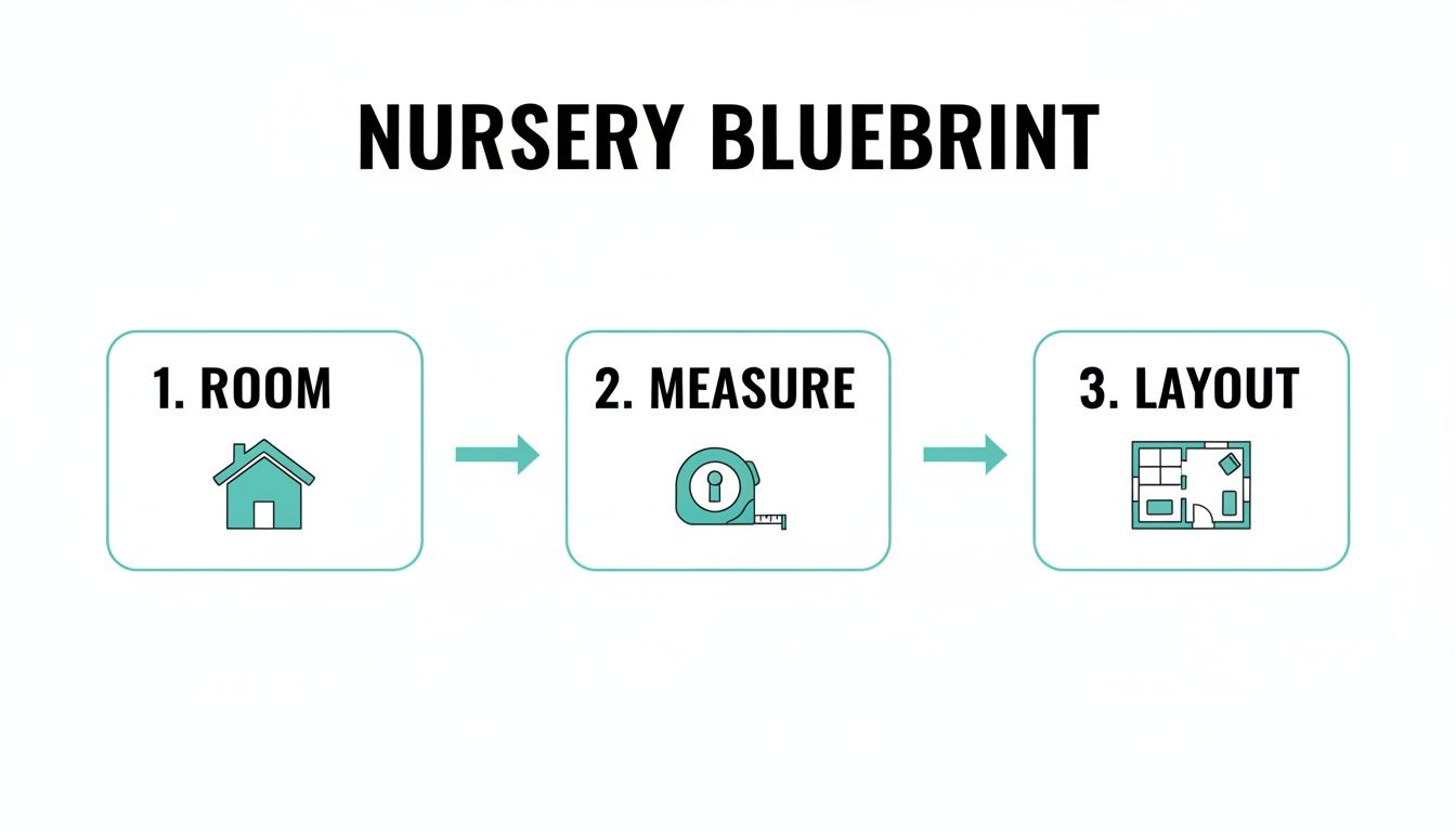 A three-step diagram illustrates creating a nursery blueprint: 1. Room, 2. Measure, 3. Layout.