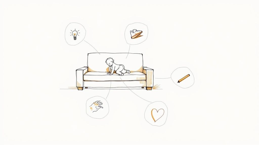 A baby on a couch surrounded by icons of ideas, objects, and feelings, representing childhood development.