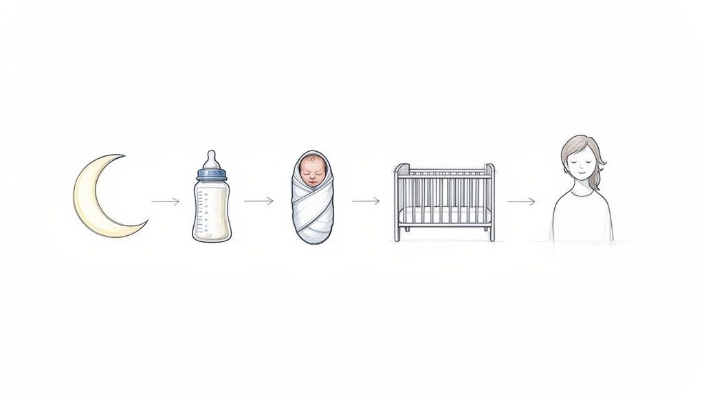 A visual sequence representing a baby's nighttime routine from feeding to sleep and a peaceful mother.