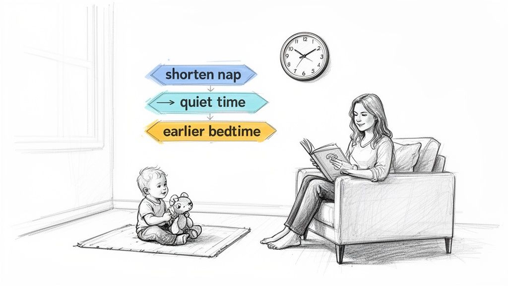 A woman reads as a baby plays; a flowchart suggests shortening nap, quiet time, and earlier bedtime.