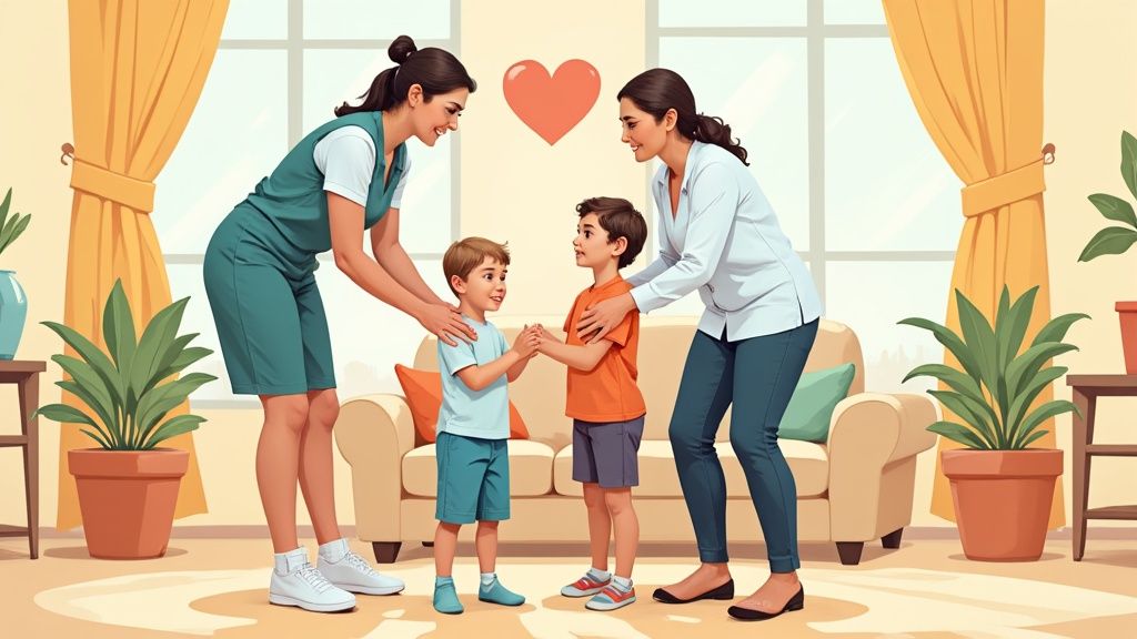 Un travailleur social bienveillant qui écoute attentivement une personne dans un environnement communautaire chaleureux.