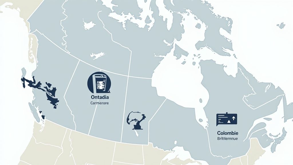Carte du Canada avec des icônes représentant différents secteurs d'activité