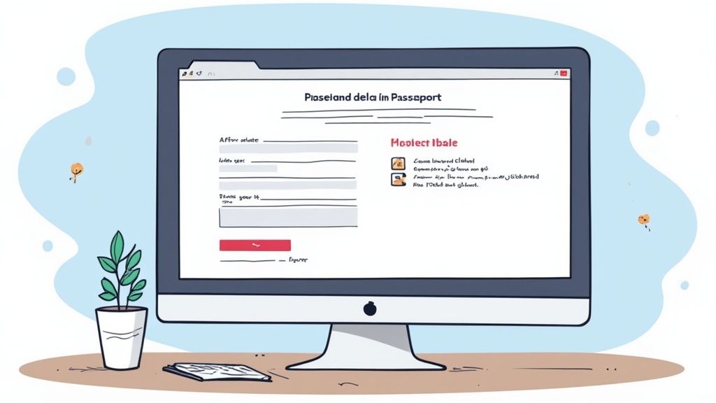 Une personne remplissant un formulaire en ligne sur un ordinateur portable, symbolisant la demande de passeport en ligne.