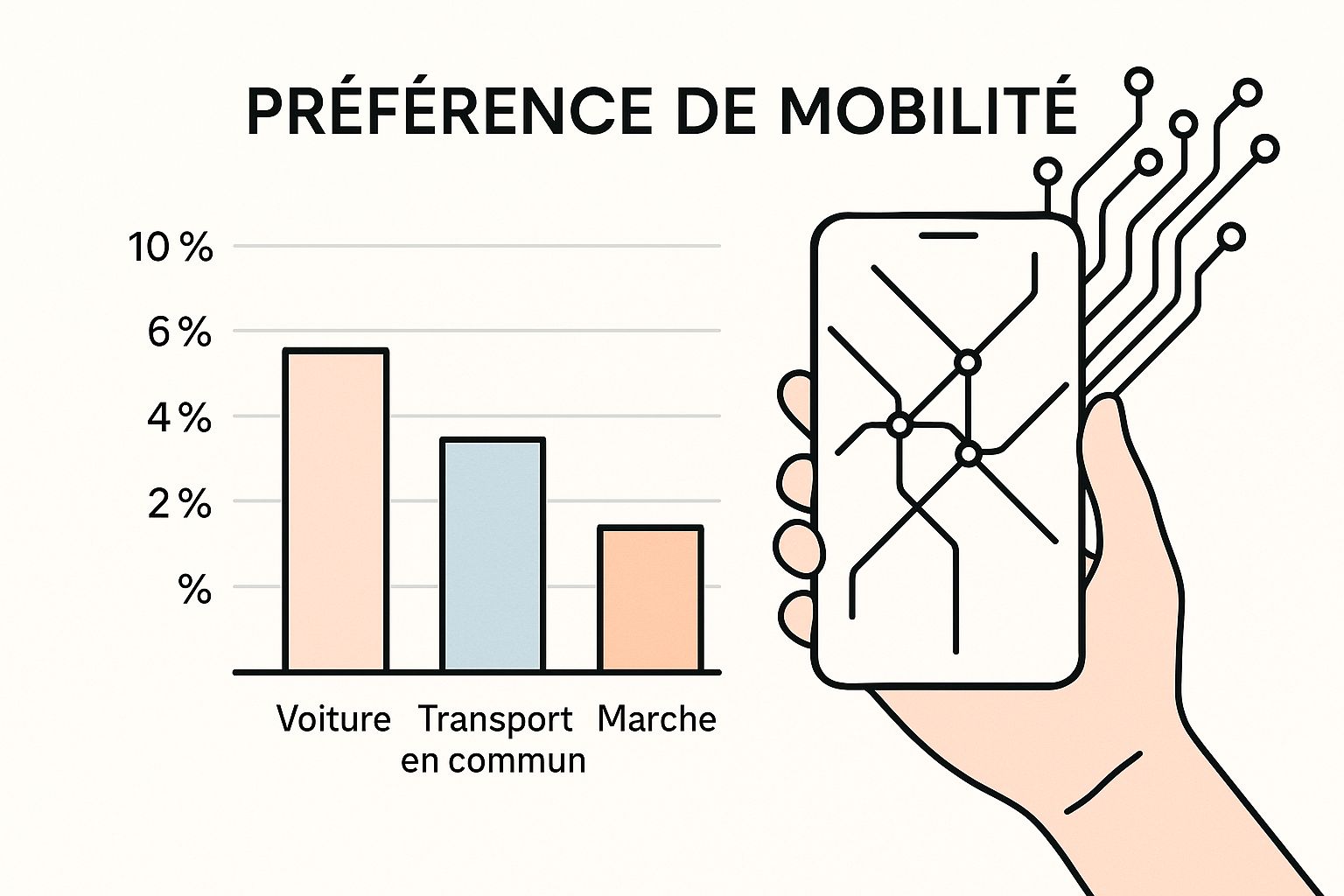 Infographie illustrant la transformation d'un plan de métro sur un smartphone en circuits numériques, symbolisant le métro en ligne