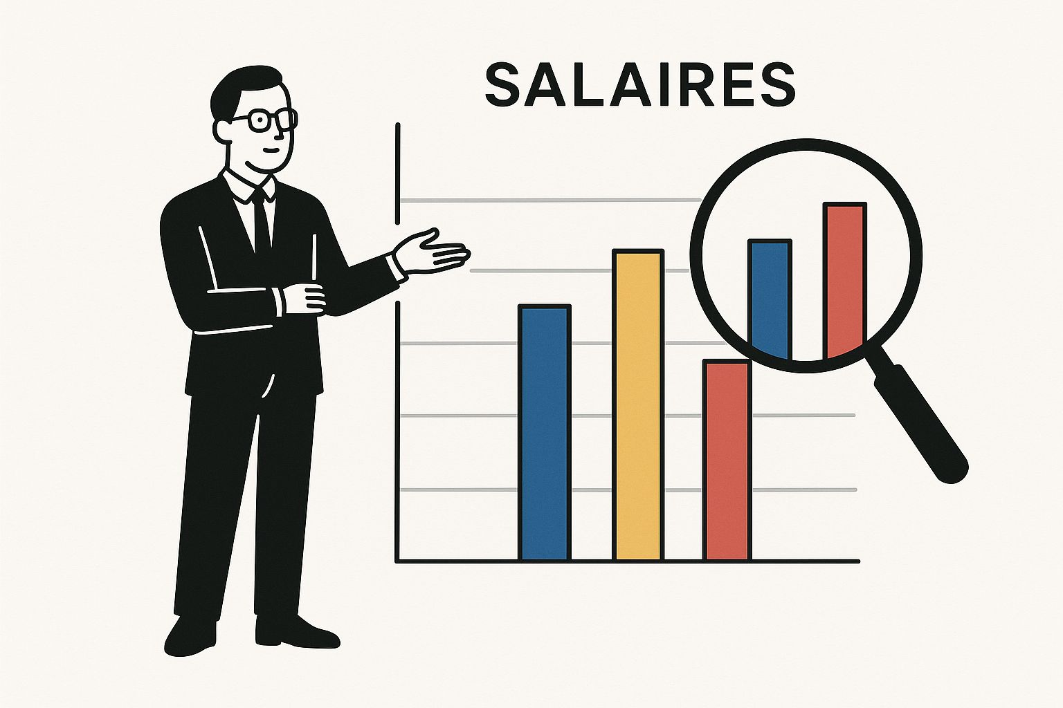 Infographique sur la rémunération des consultants en marketing, montrant une figure minimaliste devant un graphique de salaires coloré.