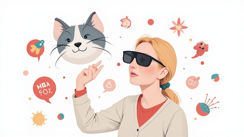 Une personne portant un casque de réalité virtuelle interagit avec des graphiques flottants.