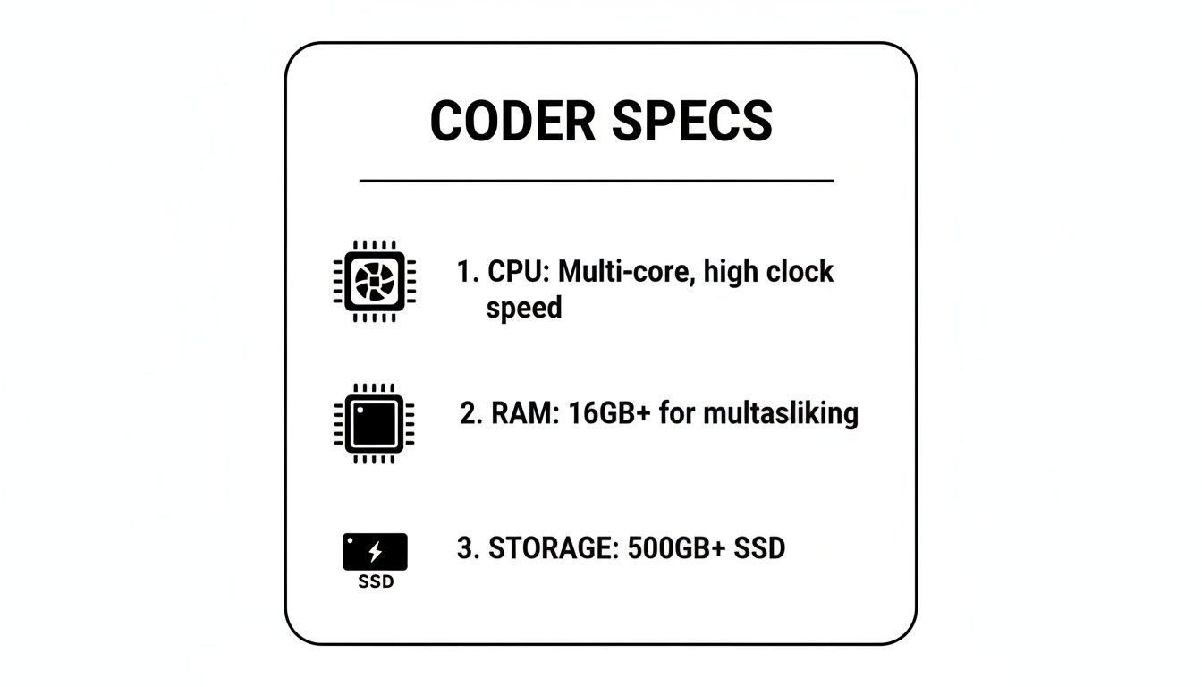 List of essential coder specs: CPU, RAM, and SSD storage recommendations for programming tasks.