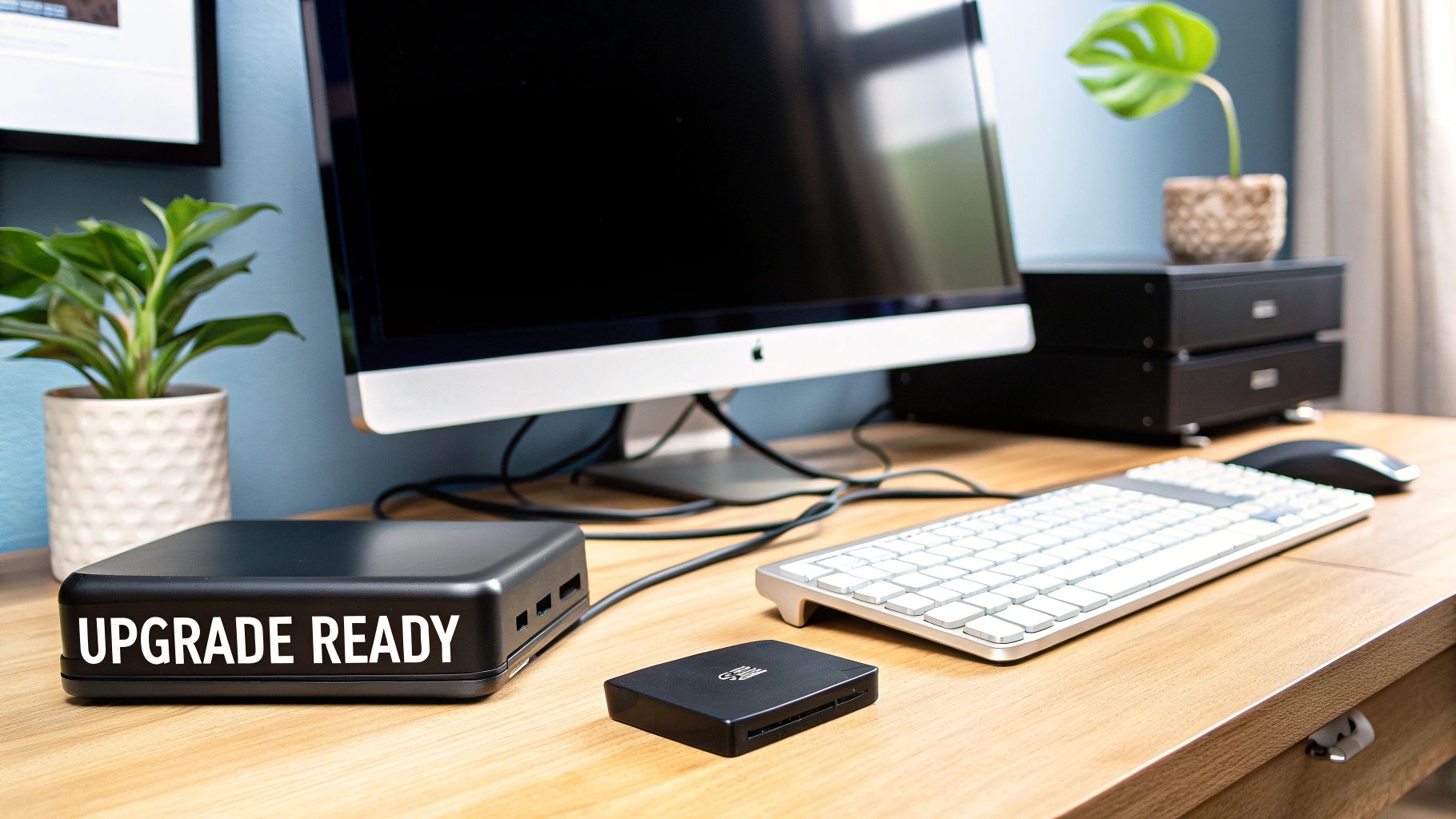 A modern desk setup featuring a Mac computer, multiple external drives, and accessories, with a 'UPGRADE READY' device.