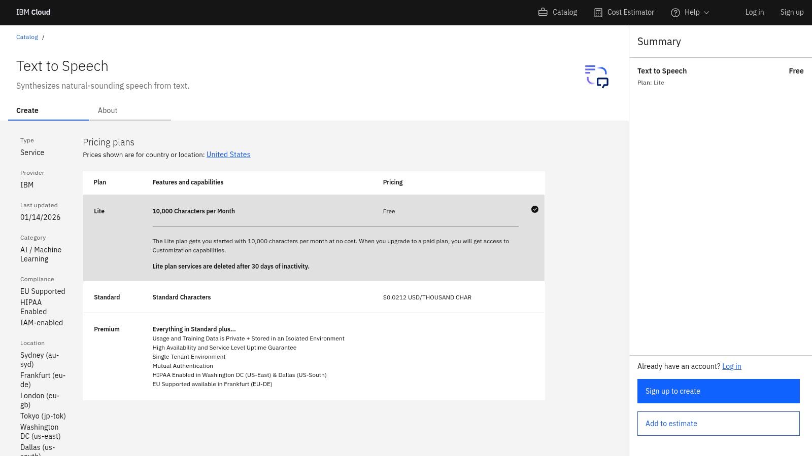 IBM Cloud Text to Speech dashboard showing API key and URL credentials